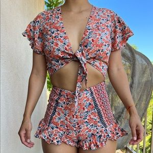 Orange Pattern Cut-Out Romper